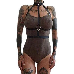 𝅺BLACK Leather Waist Shoulder Harness Bra Belt Choker Slave Fetish Bondage NWT